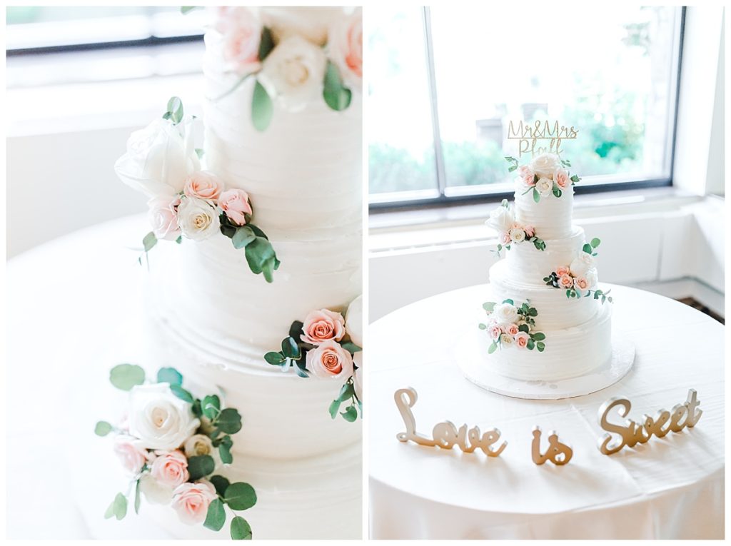 Wide cake shot with flowers besides a tight cake shot that says "love is sweet" on the table.